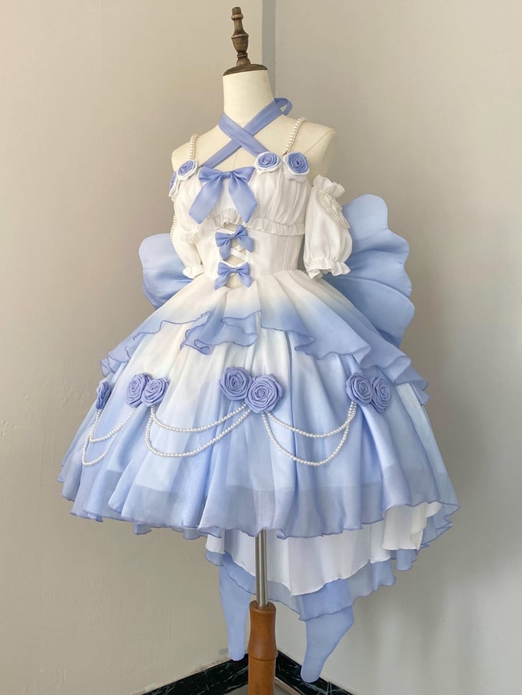 Clearance-Size L for Bust 90-98CM Fairy Blue Princess Dress Prom Rose Details Ombre Jumper Skirt - Sukuroi