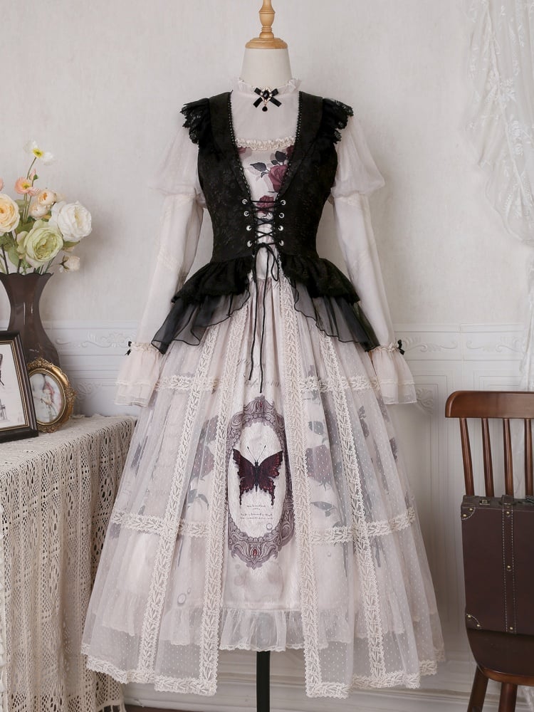 Elegant Gothic Butterfly and Rose Print Basque Waist Slip Dress