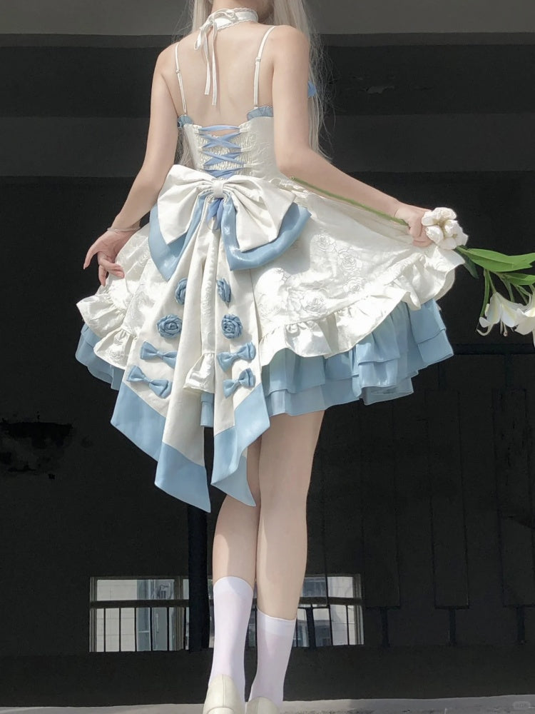 Apricot and Blue Rosette Dress Basque Waist Jumper Skirt