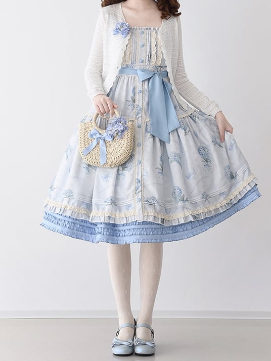 Blue Hydrangea Print Front Button Placket Hem Jumper Skirt - Sukuroi