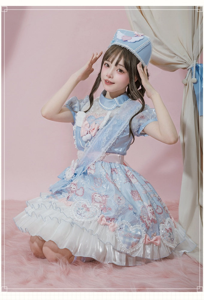 Light Blue Bunny Print One Piece Puff Sleeves Sweet Dress