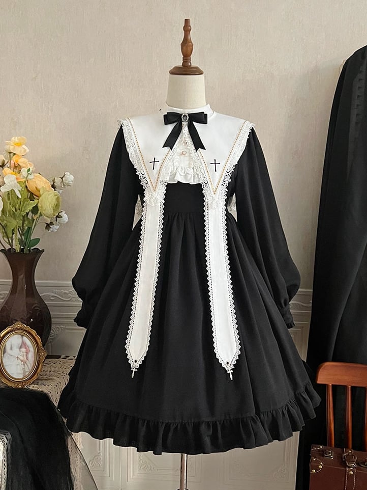 Black and White Cross Embroidery Pointed Collar with Straps One Piece