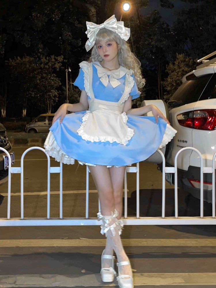 Blue and White Maid Dress Apron Design One Piece