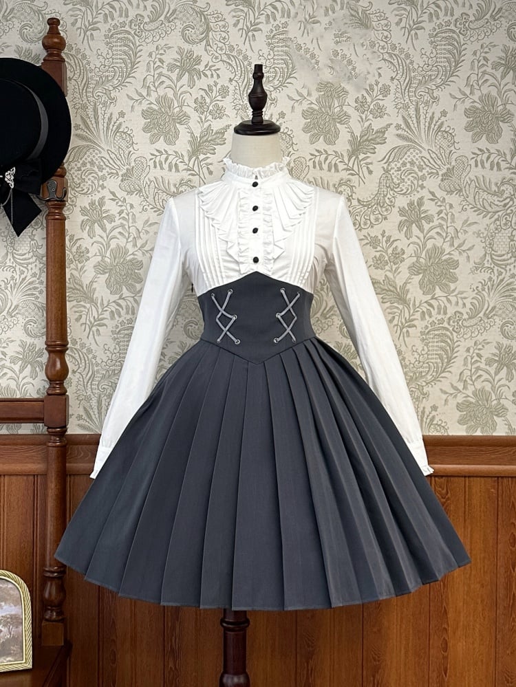 Black Pleated Skirt Corset Waist Long Sleeves White Bodice Autumn Dress