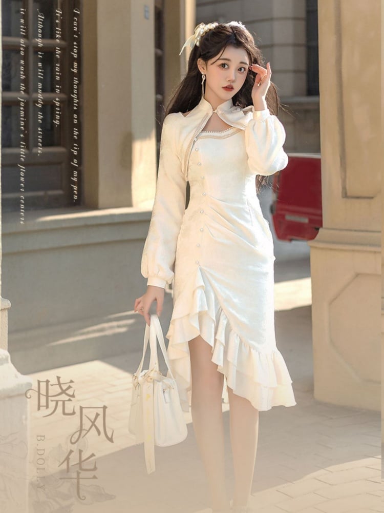 Clearance-White Elegant Qipao Full Set- Floral Pattern Qipao Dress + Cropped Top