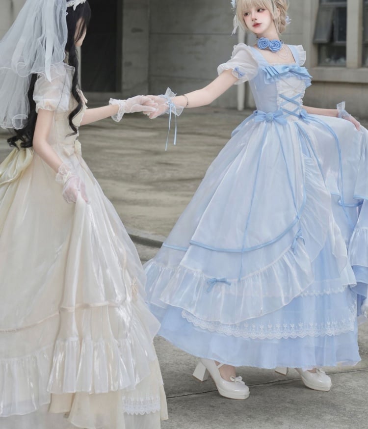 White and Blue Princess Dress Puff Sleeves Gorgeous One Piece