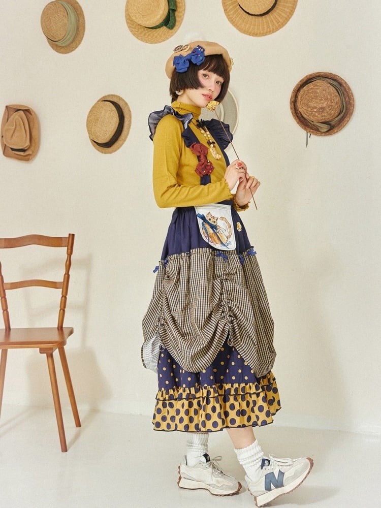 Dark Blue and Yellow Polka-dot Overalls Drawstring Hem