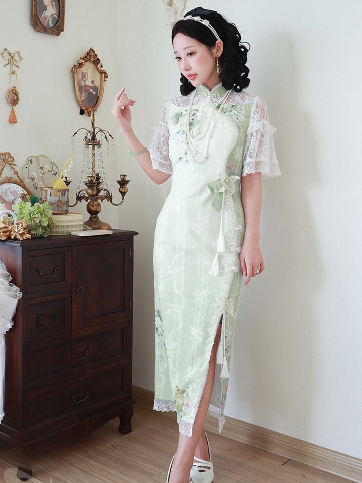 Light Green Figs and Floral Print Elegant Qipao Dress