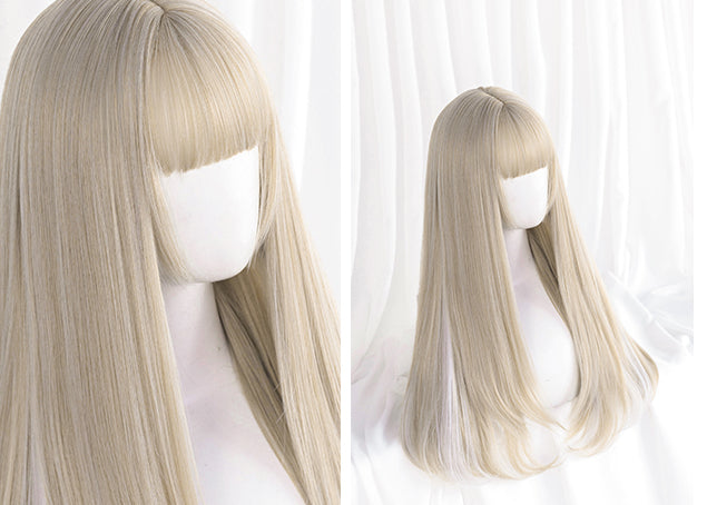 Silver White Highlight Gold Long Straight Synthetic Wig