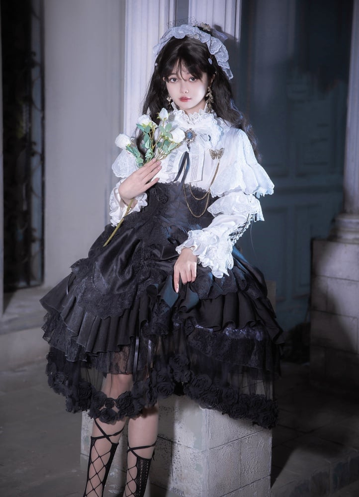 Black and White Drawstring Ruffle Hem One Piece + Corset Belt + Waistcoat