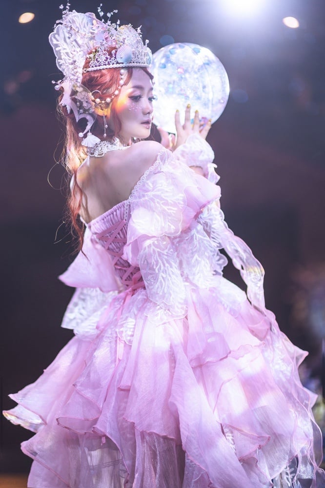 Fairycore Dress Full Set- Coral Embroidery Pink Princess Dress + Shell Tiara + Shell Wrist Cuffs