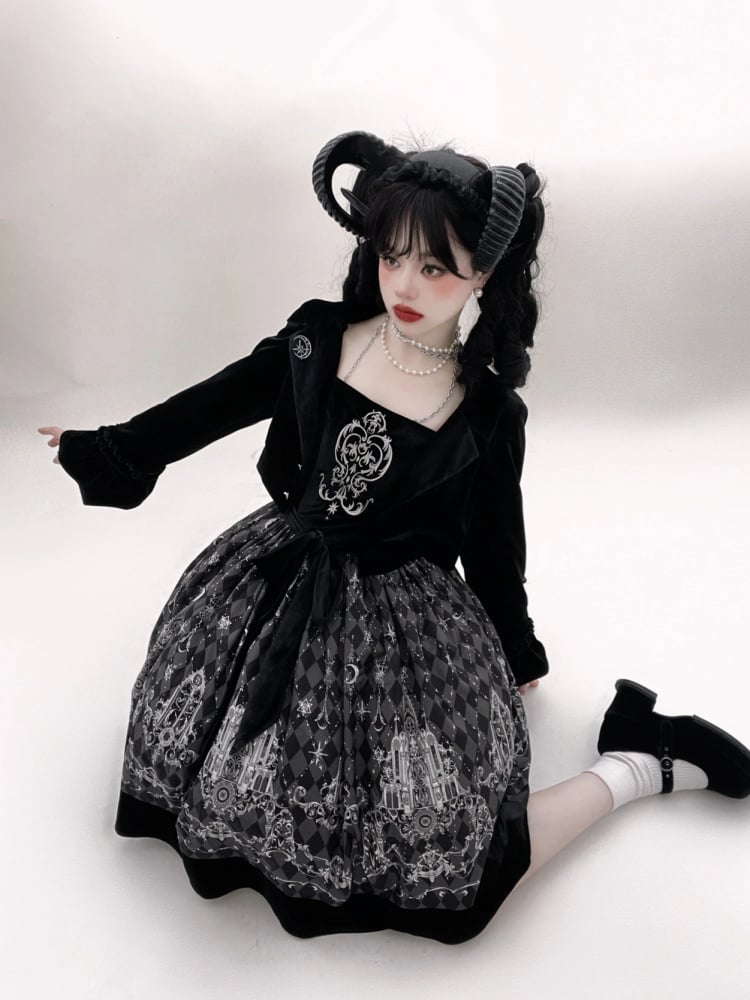 Black Velvet Bodice Check Pattern Gothic Jumper Skirt