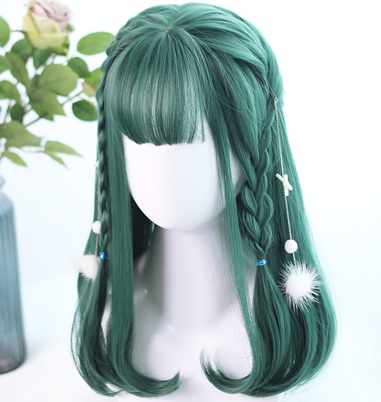 Dark Green Mid-length Inner Button Synthetic Wig