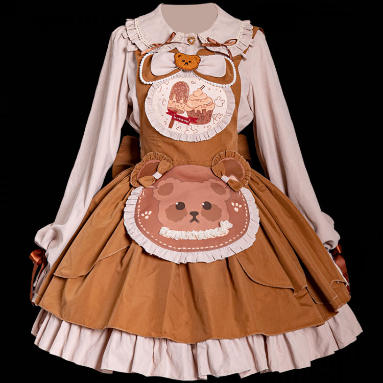 Brown Bear Print Apron Jumper Skirt + Blouse Set with Free KC