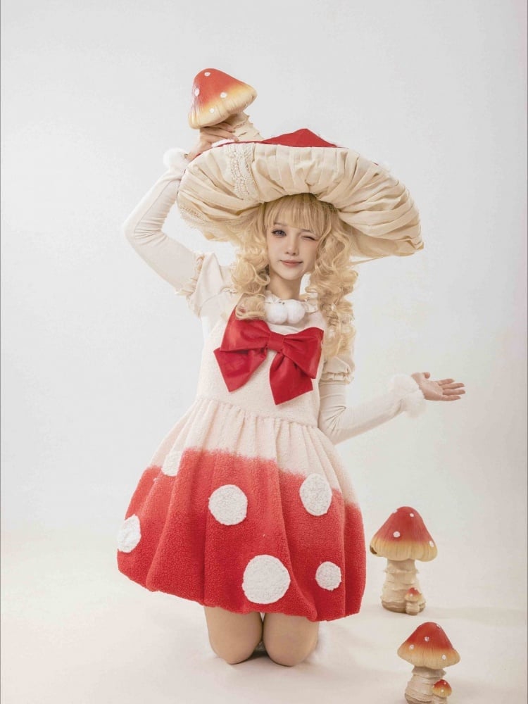 Red Mushroom Bubble Jumper Skirt White Spot Applique