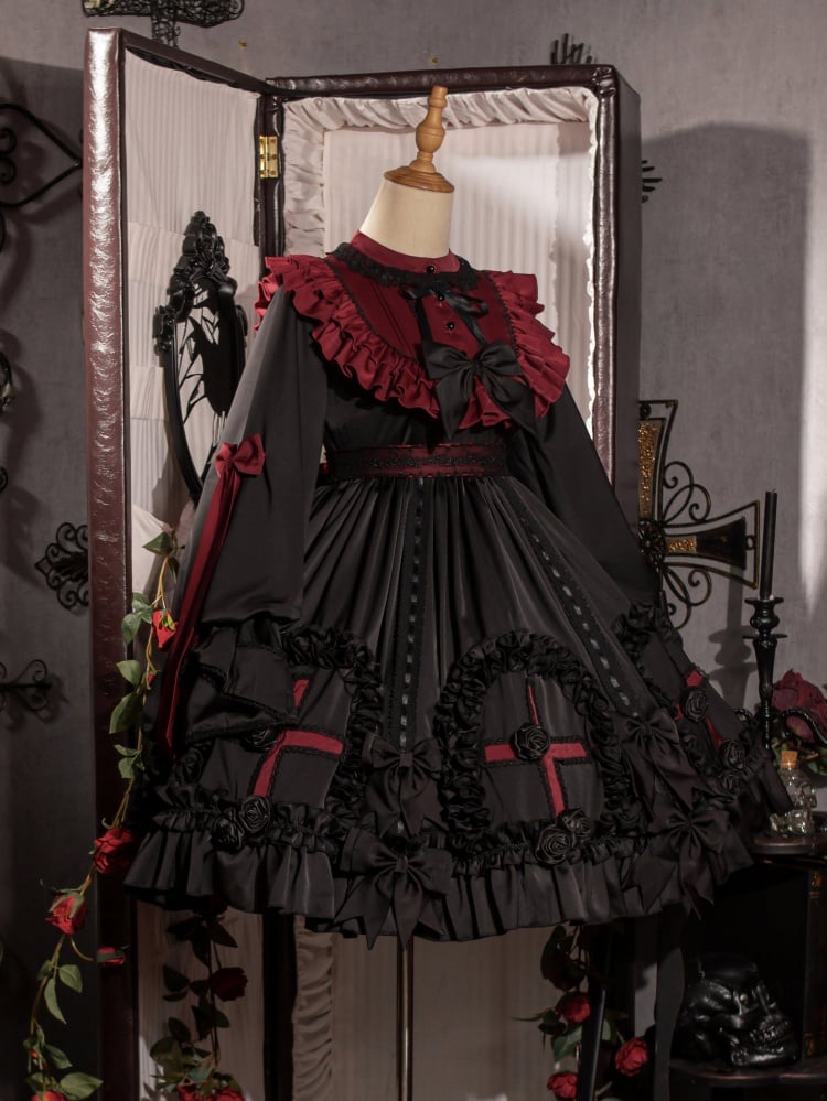 Black and Red Gothic Empire Waist One Piece Cross Pattern and Roses Hem