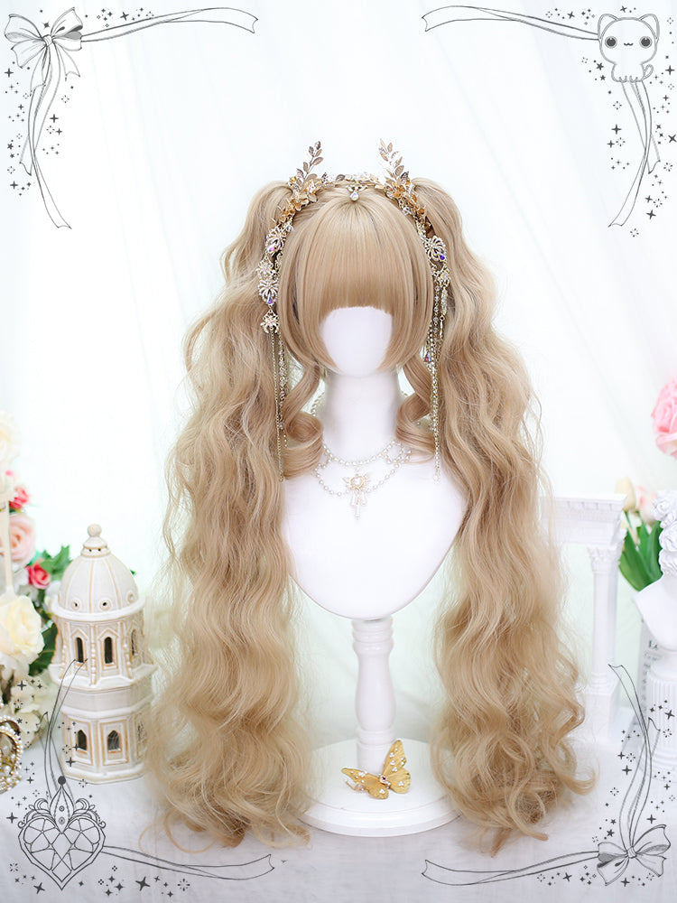 Gold Short Straight Wig with Long Wavy Double Ponytails