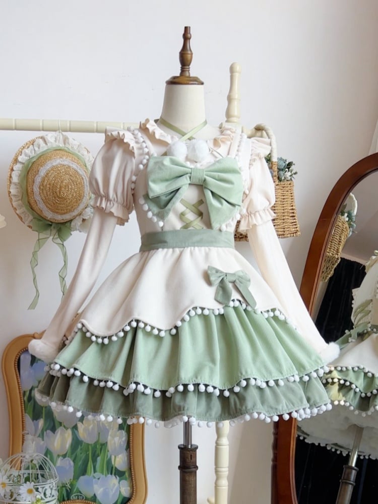 Pompoms Trimmed Tiered Hem Green and Beige Jumper Skirt