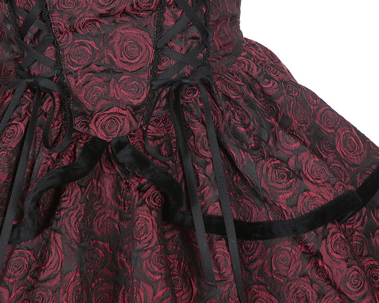 Rose Pattern Wine Red Sweetheart Neckline Gothic Jumper Skirt Lace-up Detail