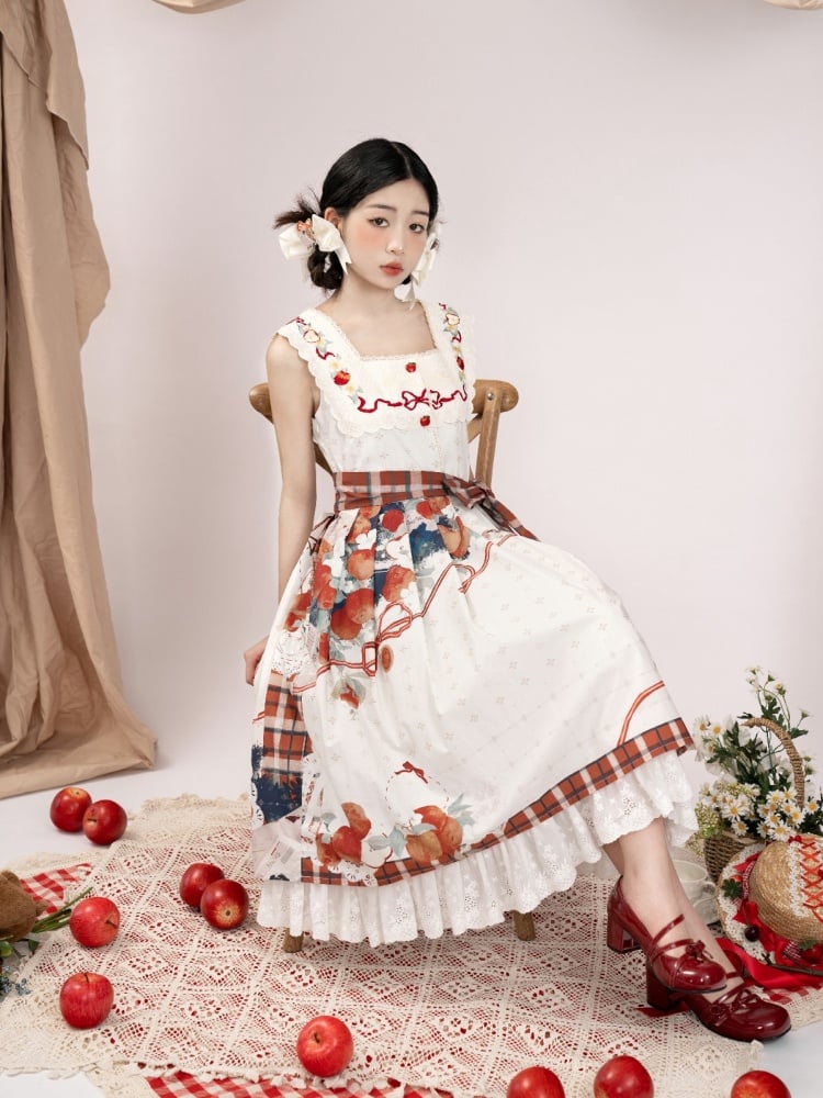 Apple and Floral Embroidery Square Neckline White Jumper Skirt