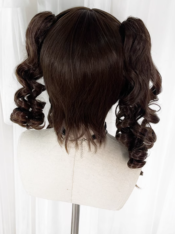 Dark Brown Curly Synthetic Wig with Detachable Ponytails