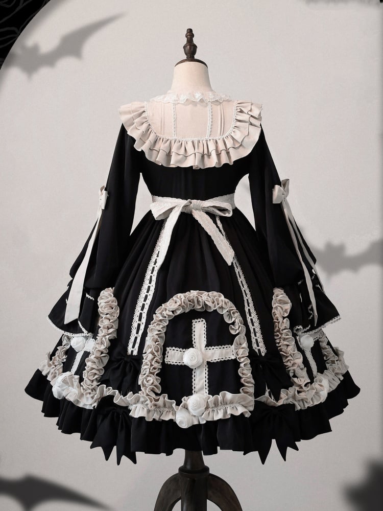 Black and White Gothic Empire Waist One Piece Cross Pattern and Roses Hem