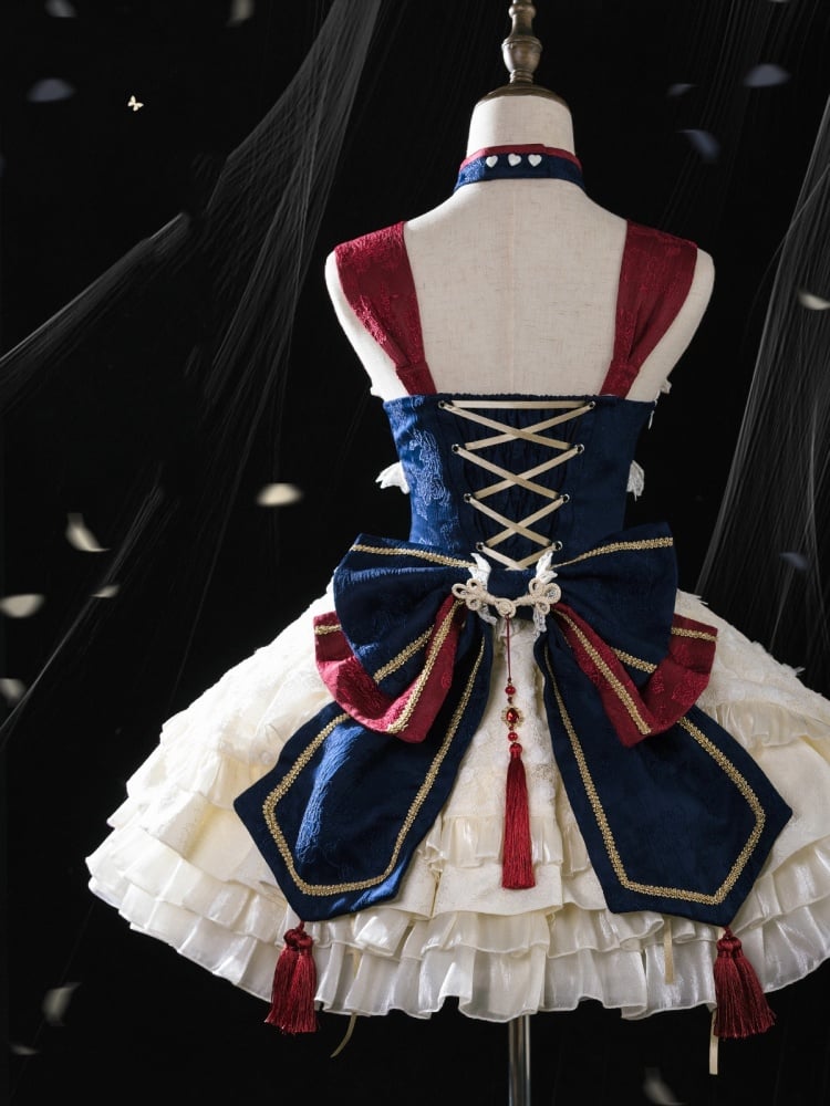 Dark Blue and Red Drawstring Tiered Ruffles Jumper Skirt Set