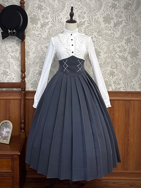 Black Pleated Skirt Corset Waist Long Sleeves White Bodice Autumn Dress