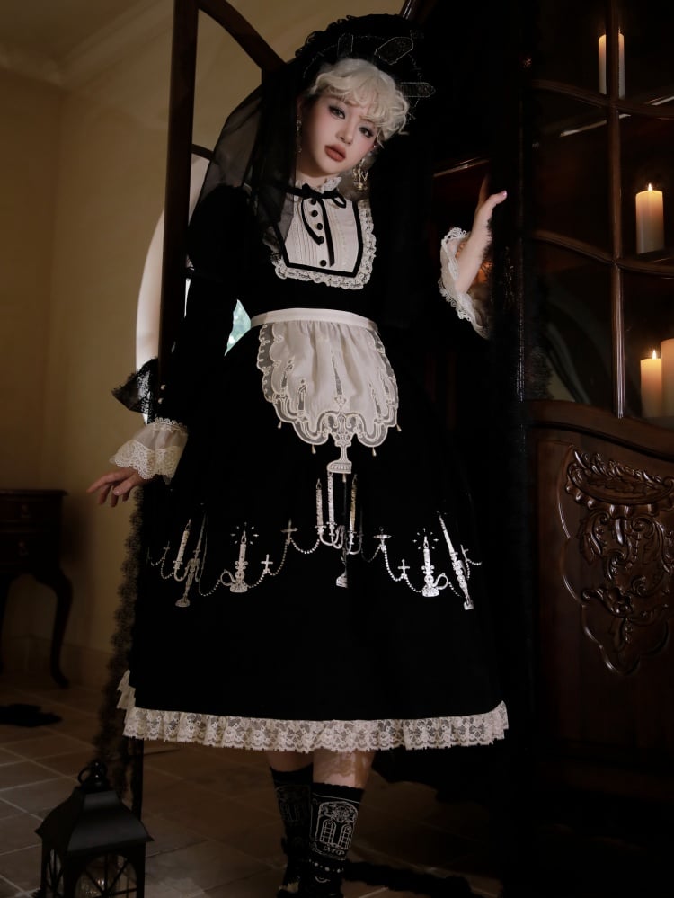 Cross and Candlestick Embroidery Black and White Gothic One Piece - Sukuroi