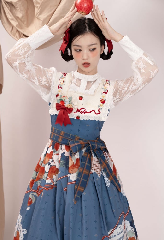 Apple and Floral Embroidery Square Neckline Blue Jumper Skirt