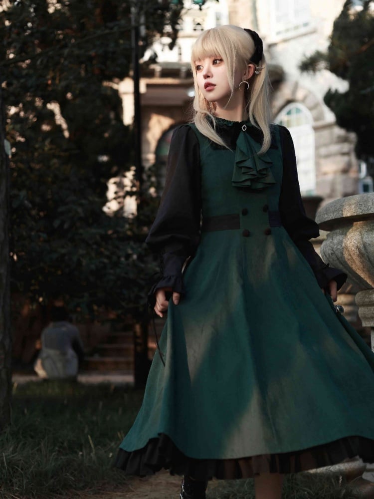 Dark Academia Fashion Slytherin Green and Black Leg-of-Mutton Sleeves One Piece