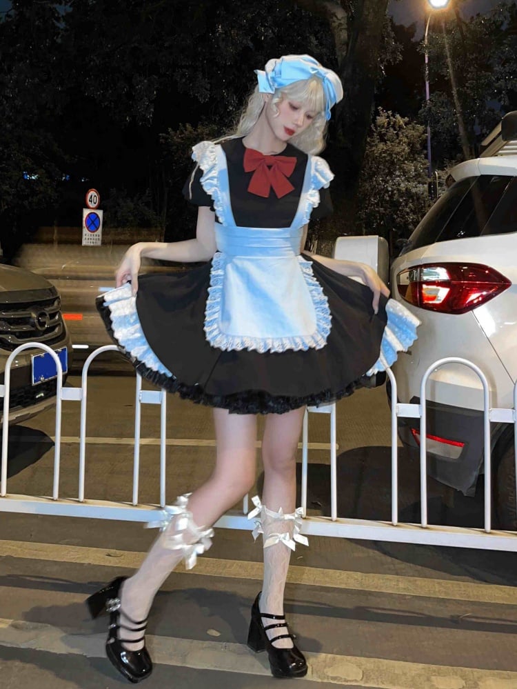 Black and Blue Maid Dress Apron Design One Piece