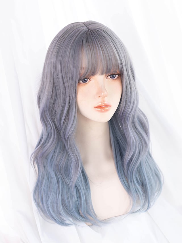 Ombre Gray to Purple Blue Medium Wavy Synthetic Wig