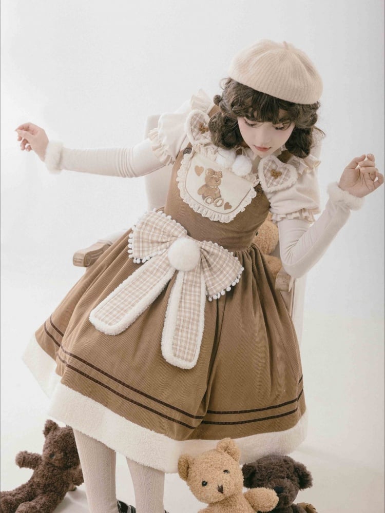 Brown Teddy Embroidery Corduroy Jumper Skirt with Big Plaid Bowknot - Sukuroi