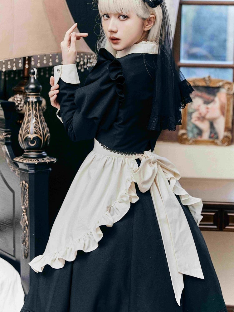 Clearance - Miss Grace Black Peter Pan Collar Long Sleeves Maid One Piece Full Set