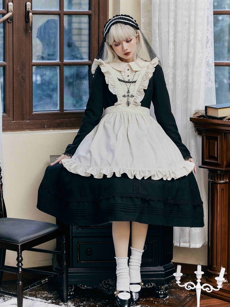 Clearance - Miss Grace Black Peter Pan Collar Long Sleeves Maid One Piece Full Set