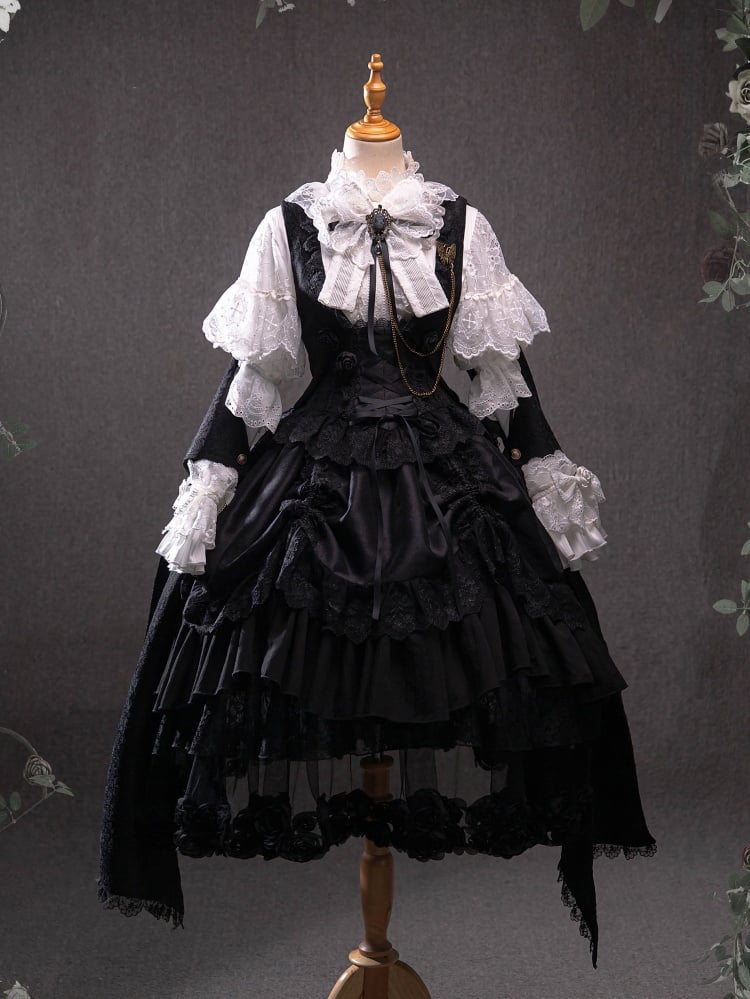 Black and White Drawstring Ruffle Hem One Piece + Corset Belt + Waistcoat