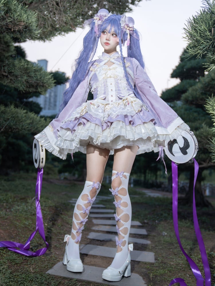 Purple and White Detachable Collar Qi Tiered Ruffles Jumper Skirt - Sukuroi