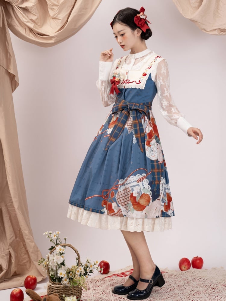 Apple and Floral Embroidery Square Neckline Blue Jumper Skirt