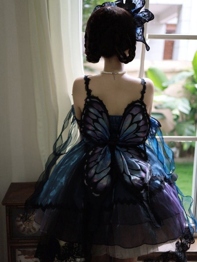 Blue-Purple Butterfly Jumper Skirt Full Set Gothic Princess Dress with Butterfly Train