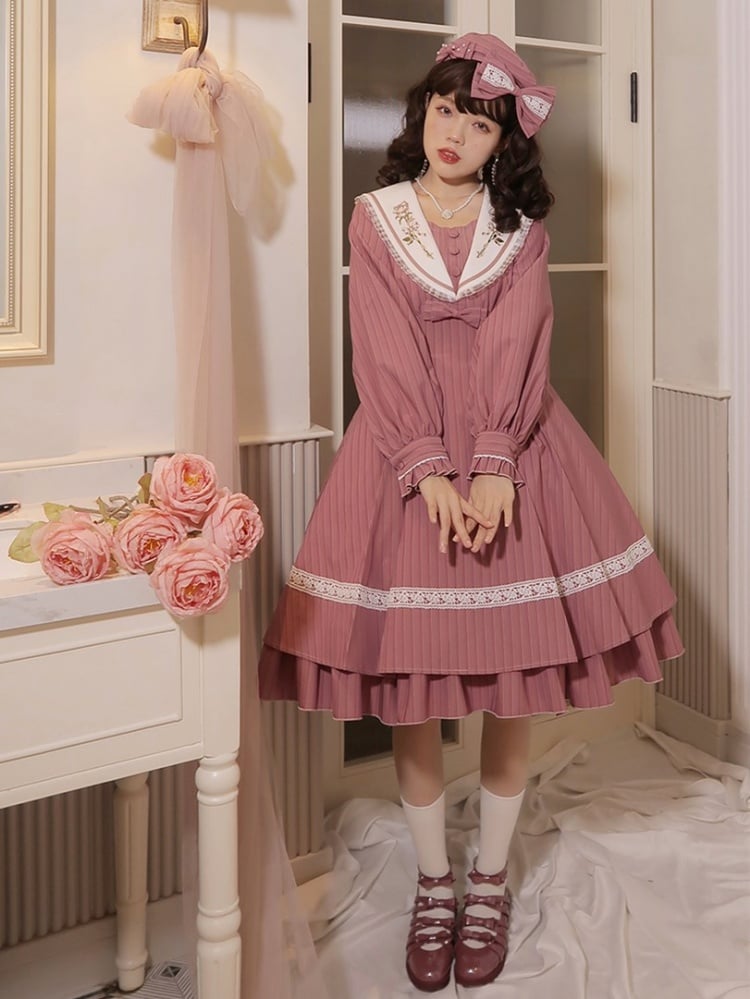 Embroidery Navy Collar Pink Striped Pattern One Piece