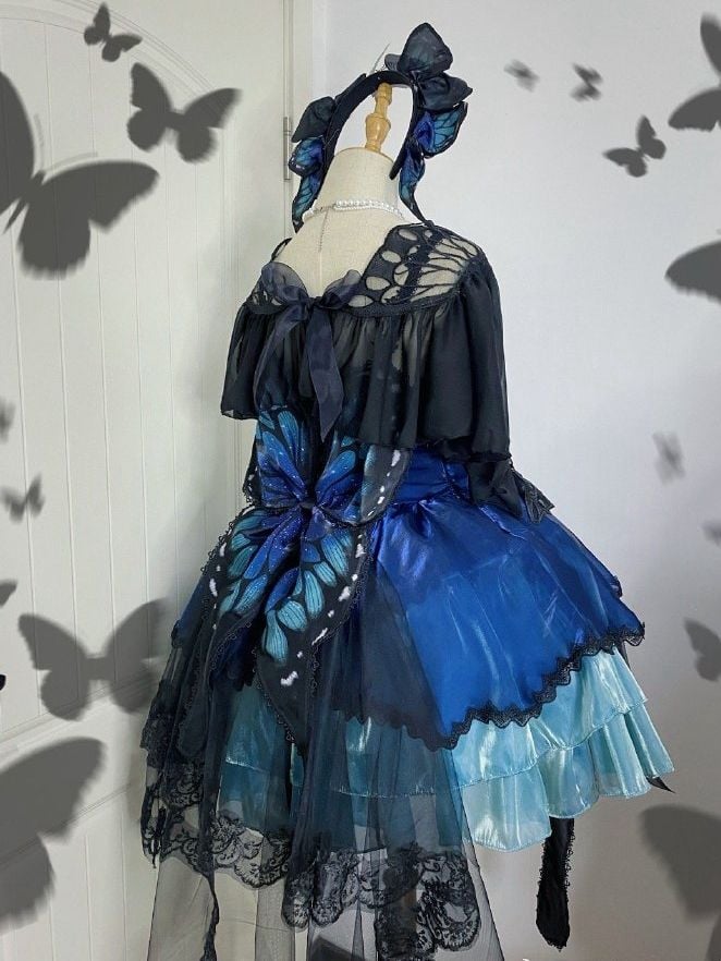 Butterfly Jumper Skirt Full Set Gothic Princess Dress with Butterfly Train