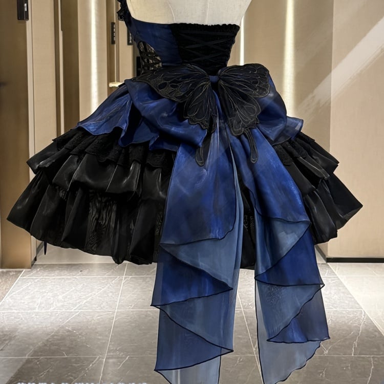 Black and Dark Blue Sweetheart Neckline Jumper Skirt Butterfly Princess Dress Puff Skirt