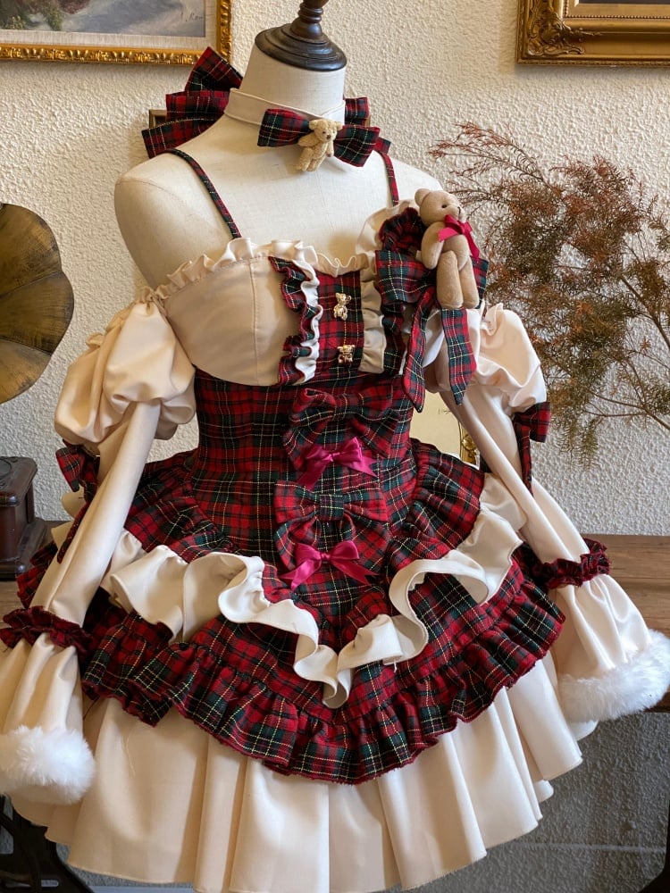 Christmas Red Plaid Pattern Teddy Theme Strapless Dress + Sleeves