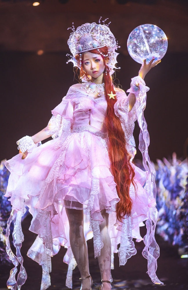 Fairycore Dress Full Set- Coral Embroidery Pink Princess Dress + Shell Tiara + Shell Wrist Cuffs