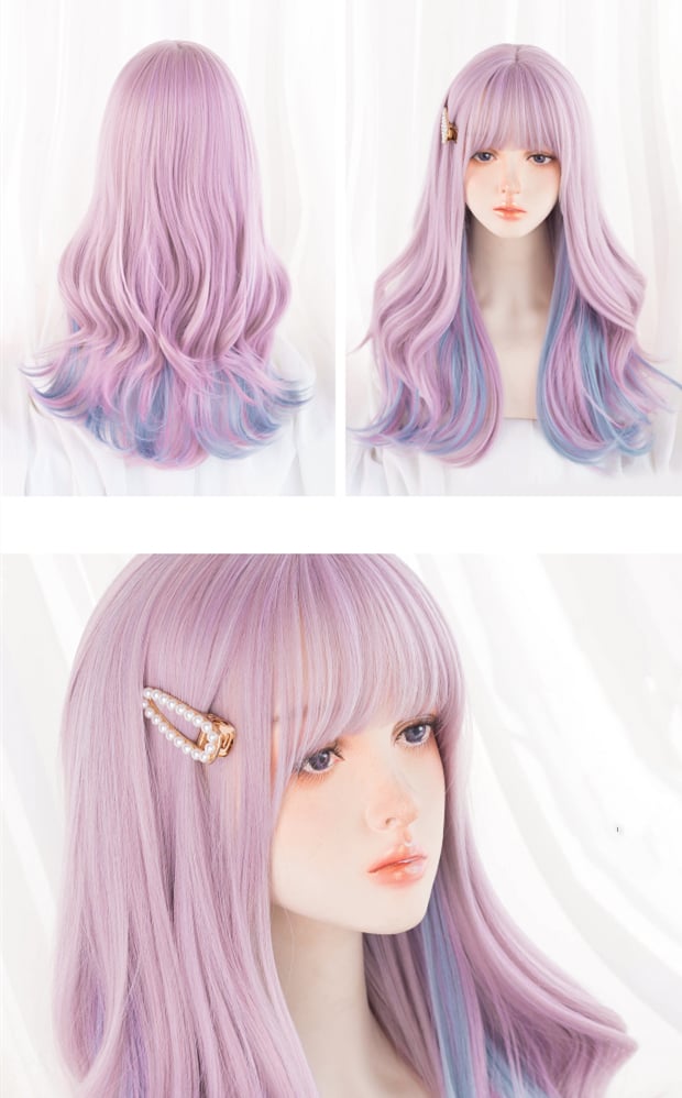 Highlight Blue Wavy Pink Synthetic Wig