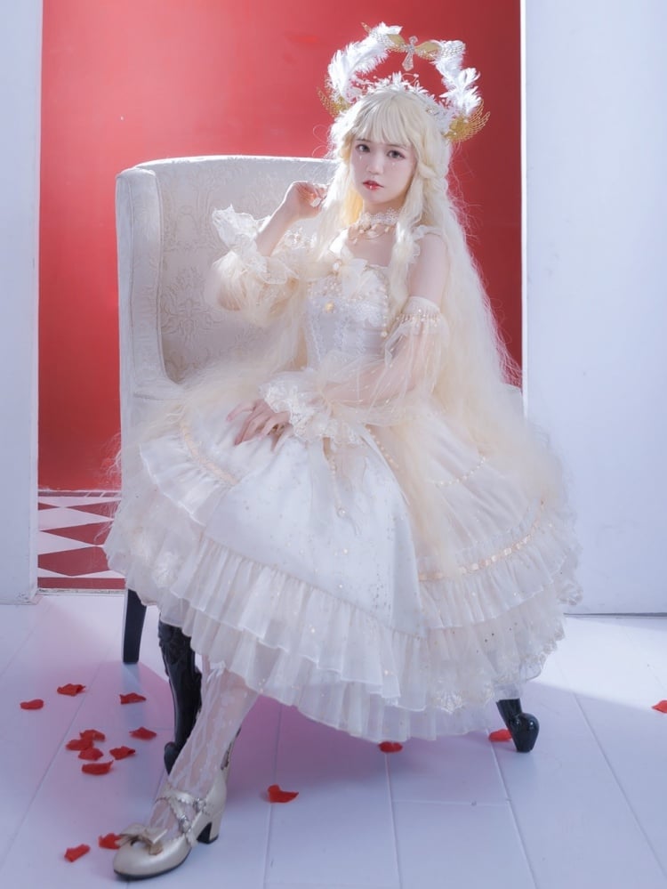 Gorgeous Starry Night Tea Party Ivory Jumper Skirt Full Set Shiro Lolita Wedding Dress