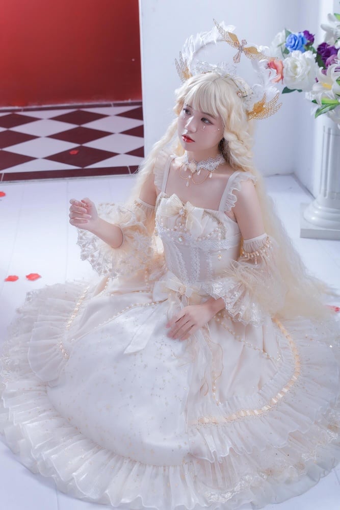 Gorgeous Starry Night Tea Party Ivory Jumper Skirt Full Set Shiro Lolita Wedding Dress