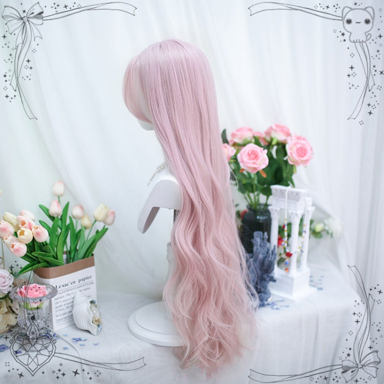 Curtain Bangs Pink Long Wavy Synthetic Wig