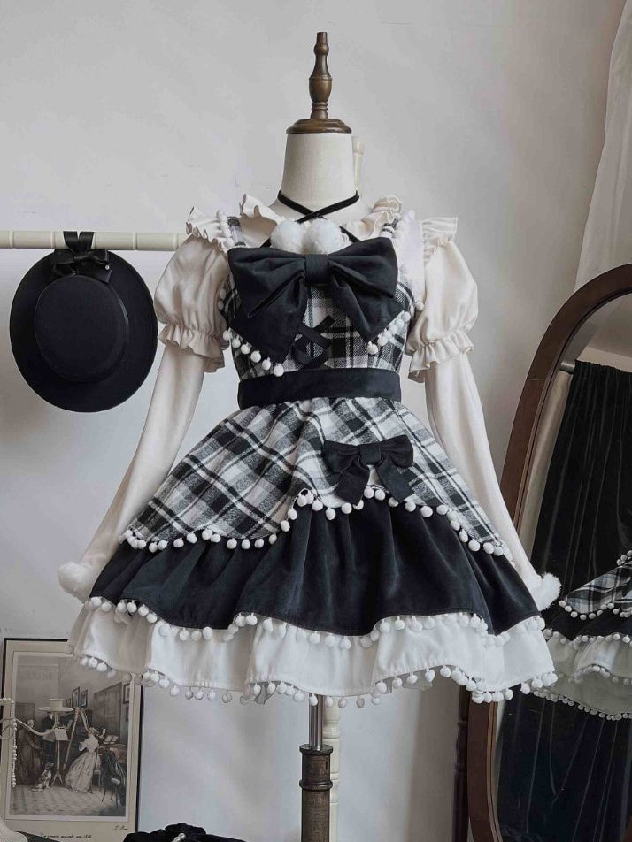 Black and White Plaid Pattern Small Pompoms Trimmed Jumper Skirt